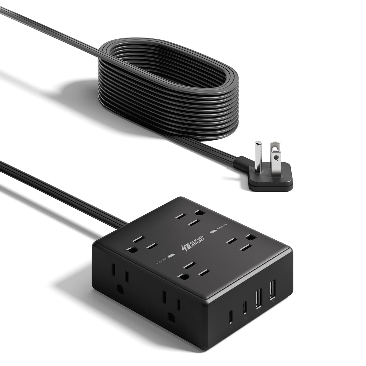 SUPERDANNY Extension Cord,Flat Plug Surge Protector Power Strip,10Ft