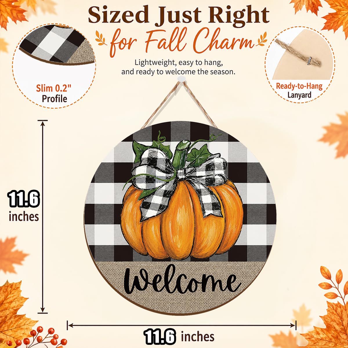 Fall Door Decor Wooden Pumpkin Door Hanger, Welcome Sign for Front Door