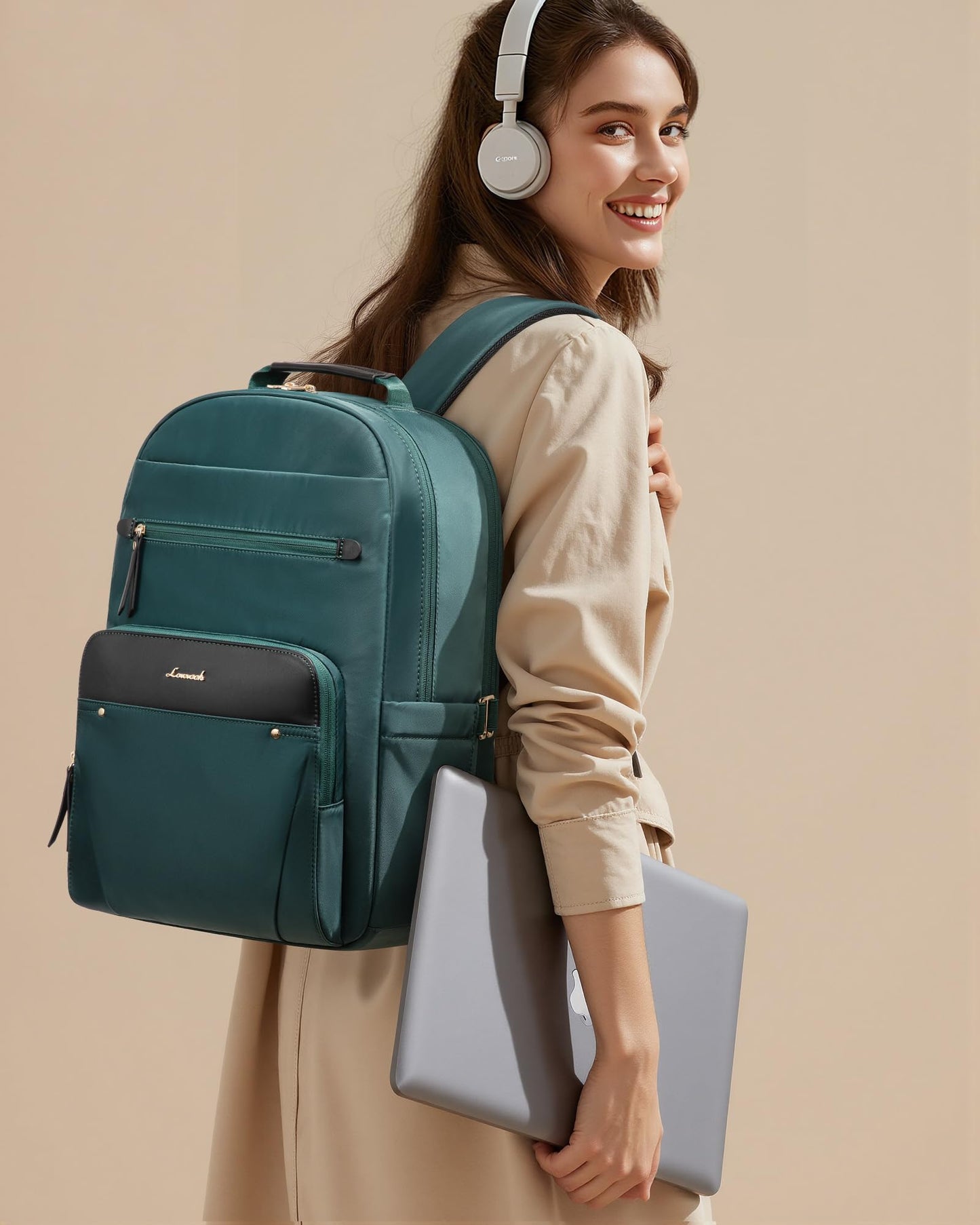 LOVEVOOK Laptop Backpack for Women with Leather Trim & Tumbler Pockets, 15.6" Work Backpack Purse, Travel Personal Item Bag, Carry On Business Computer Bag for Office, School, or Gift, Sage Green
