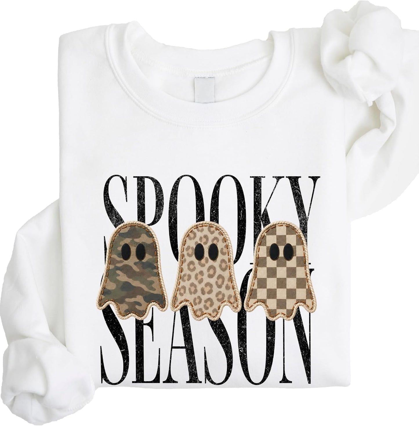 Olive Loves Apple Spooky Season Sweatshirt for Women & Teen Girls Halloween Camo Leopard Ghost Crewneck