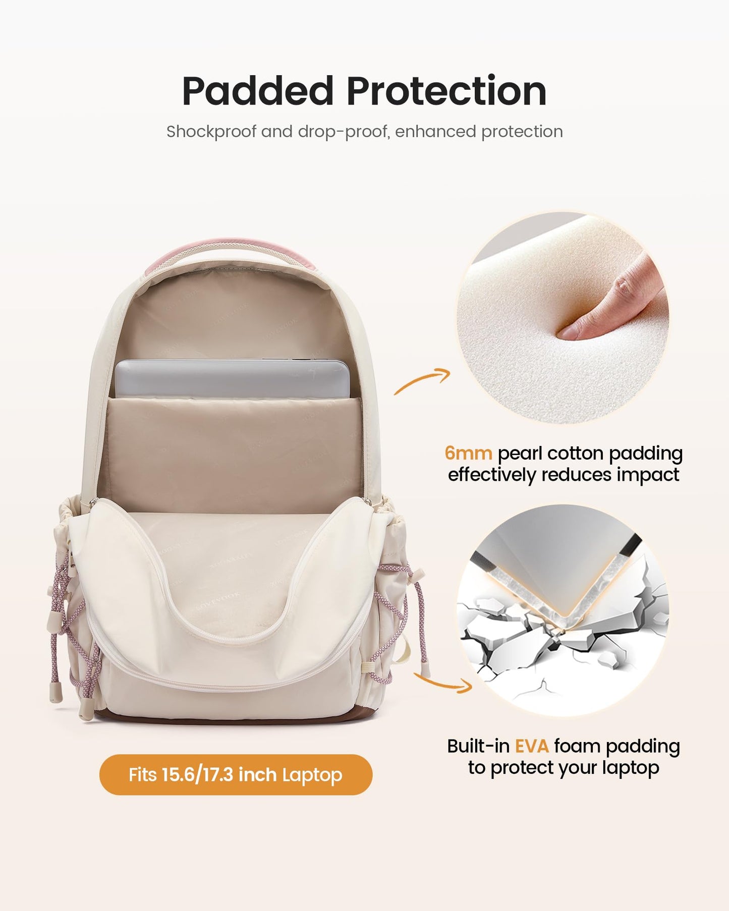 LOVEVOOK School Backpack for Girls, 15.6 Inch laptop Backpacks with Large Capacity Tumbler Holder, Lightweight College bag for women, Cute Travel Teen Bookbag Purse for Students,Off white-Pink