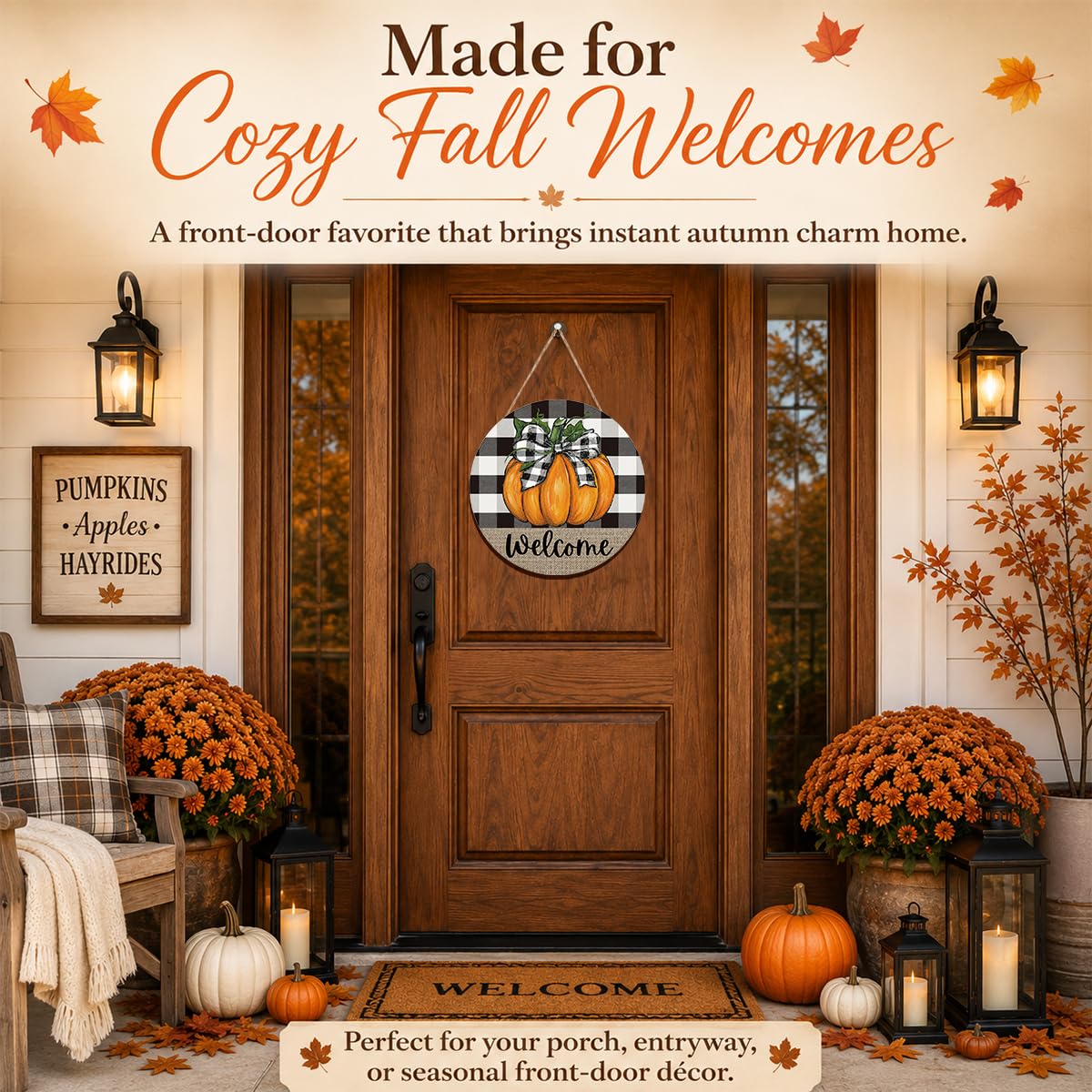 Fall Door Decor Wooden Pumpkin Door Hanger, Welcome Sign for Front Door