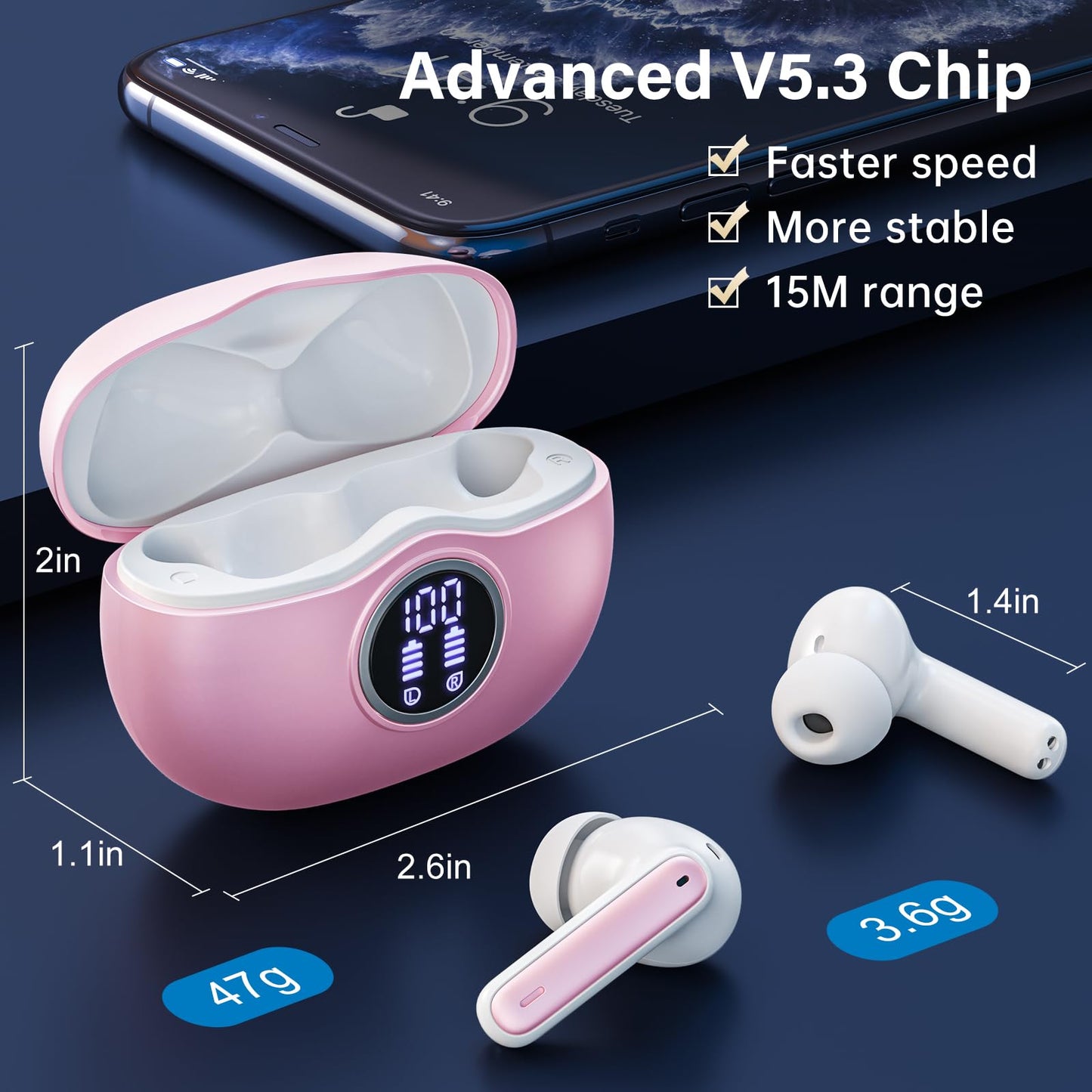Wireless Earbuds, Bluetooth 5.3 Headphones HiFi Stereo 50H Playback LED Digital Display Ear Buds with ENC Noise Canceling Headset, IPX7 Waterproof Earphones for Gym/Running/Work(Black)