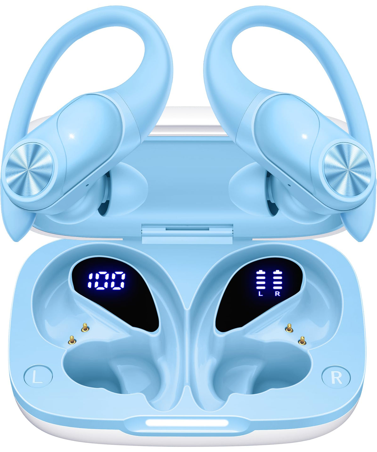 PocBuds Bluetooth Headphones Wireless Earbuds 80hrs Playtime Wireless Charging Case Digital Display Sports Ear Buds with Earhook Deep Bass IPX7 Waterproof Over-Ear Earphones for TV Phone Laptop Olive