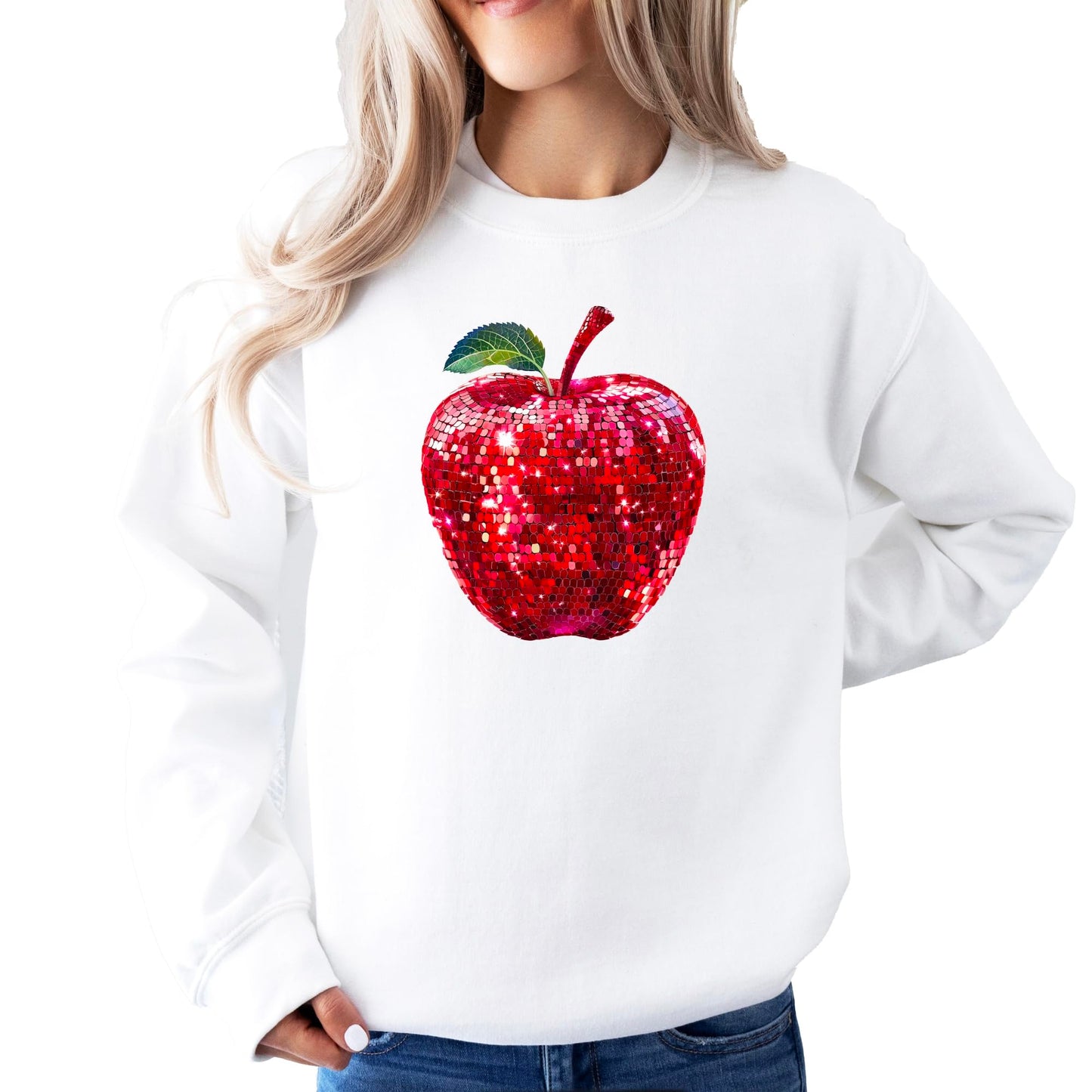 Red Disco Apple Sweatshirt for Women and Teens Faux Glitter Apple Pullover for Teachers and Students