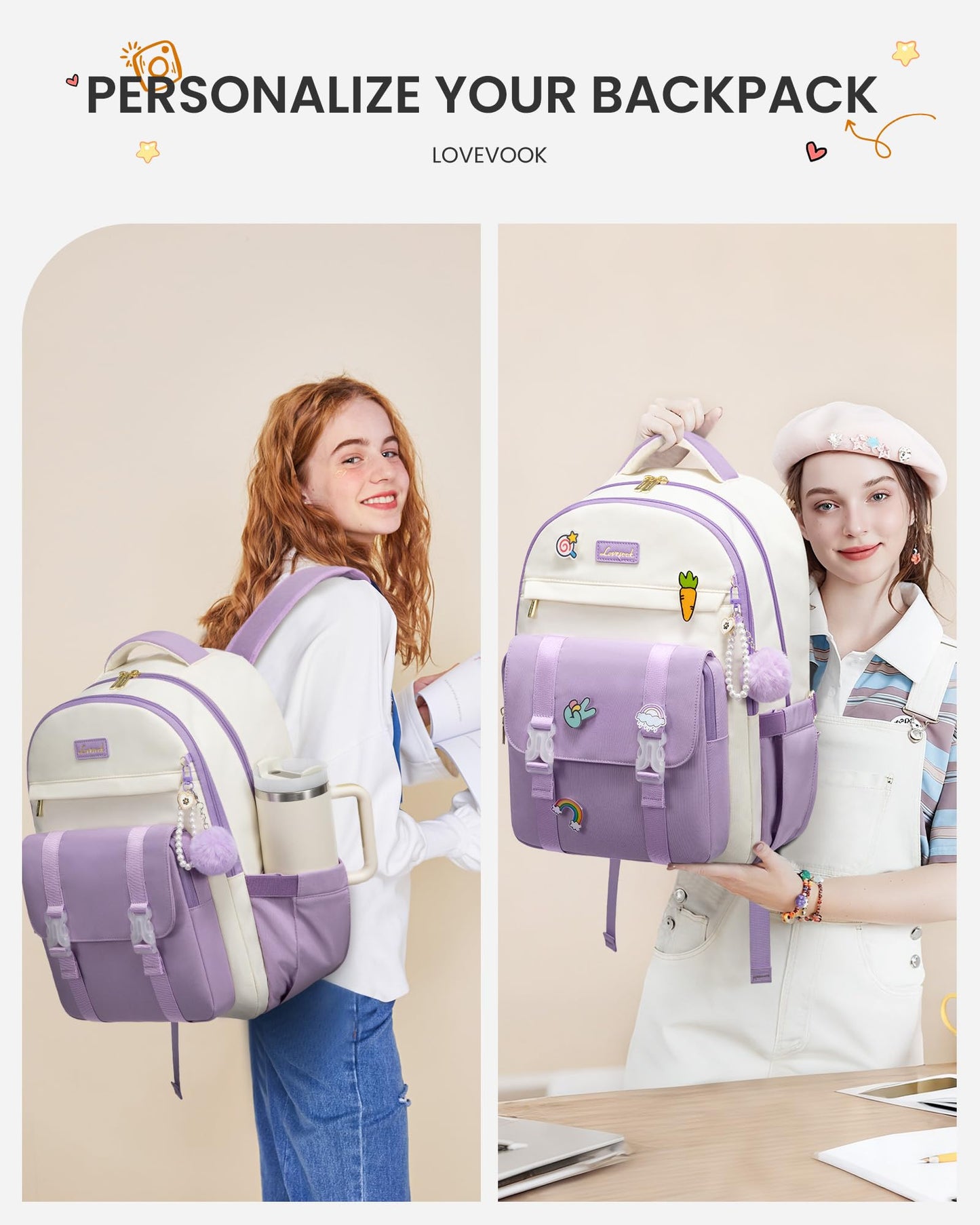 LOVEVOOK School Backpack for Teen Girls, Cute Student Backpack Purse Kid Bookbag for 8-17 Teenage, Back to School Backpacks Fit 15.6 Inch Laptop, College Travel Bag with Large Water Bottle Holder