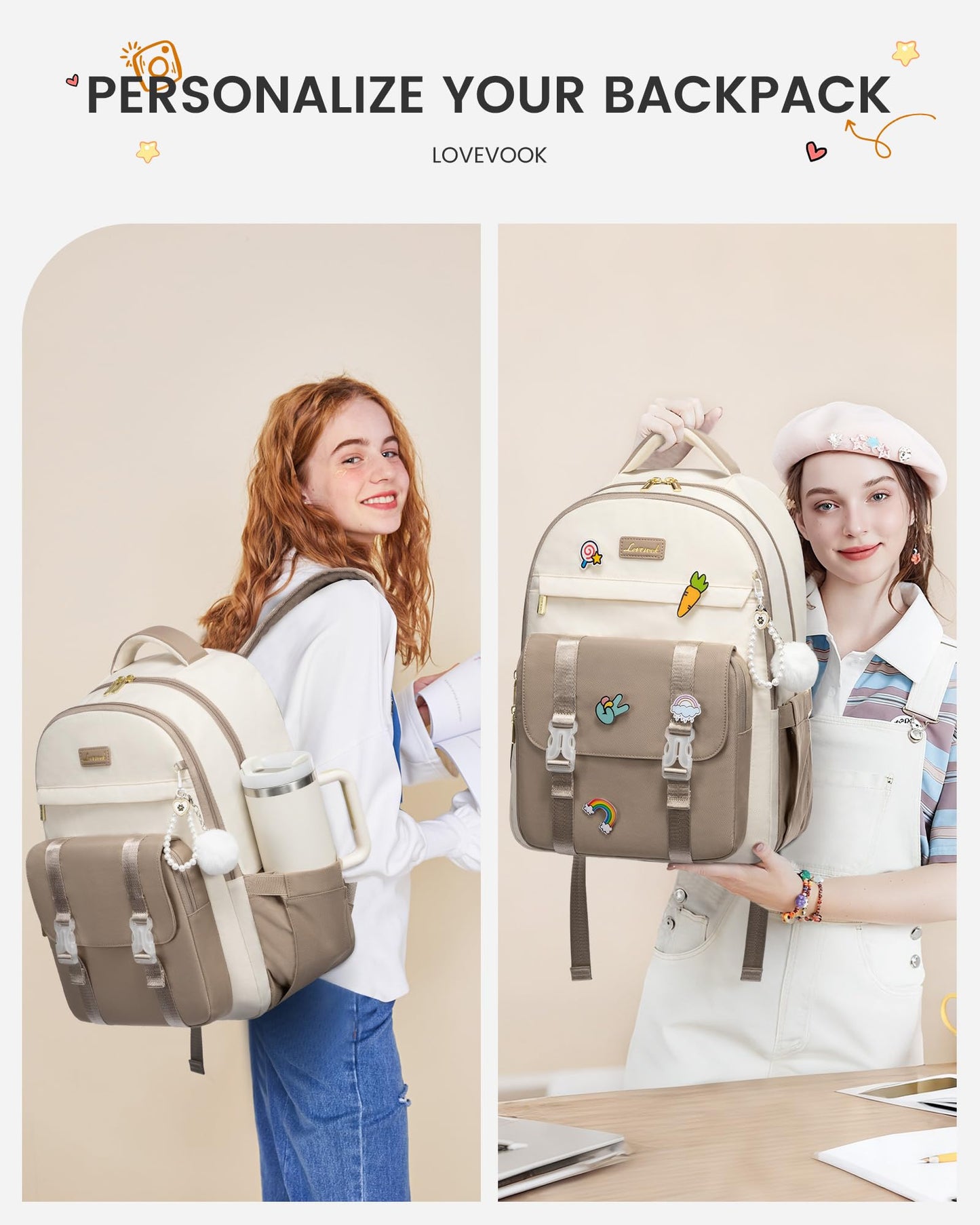 LOVEVOOK School Backpack for Teen Girls, Cute Student Backpack Purse Kid Bookbag for 8-17 Teenage, Back to School Backpacks Fit 15.6 Inch Laptop, College Travel Bag with Large Water Bottle Holder