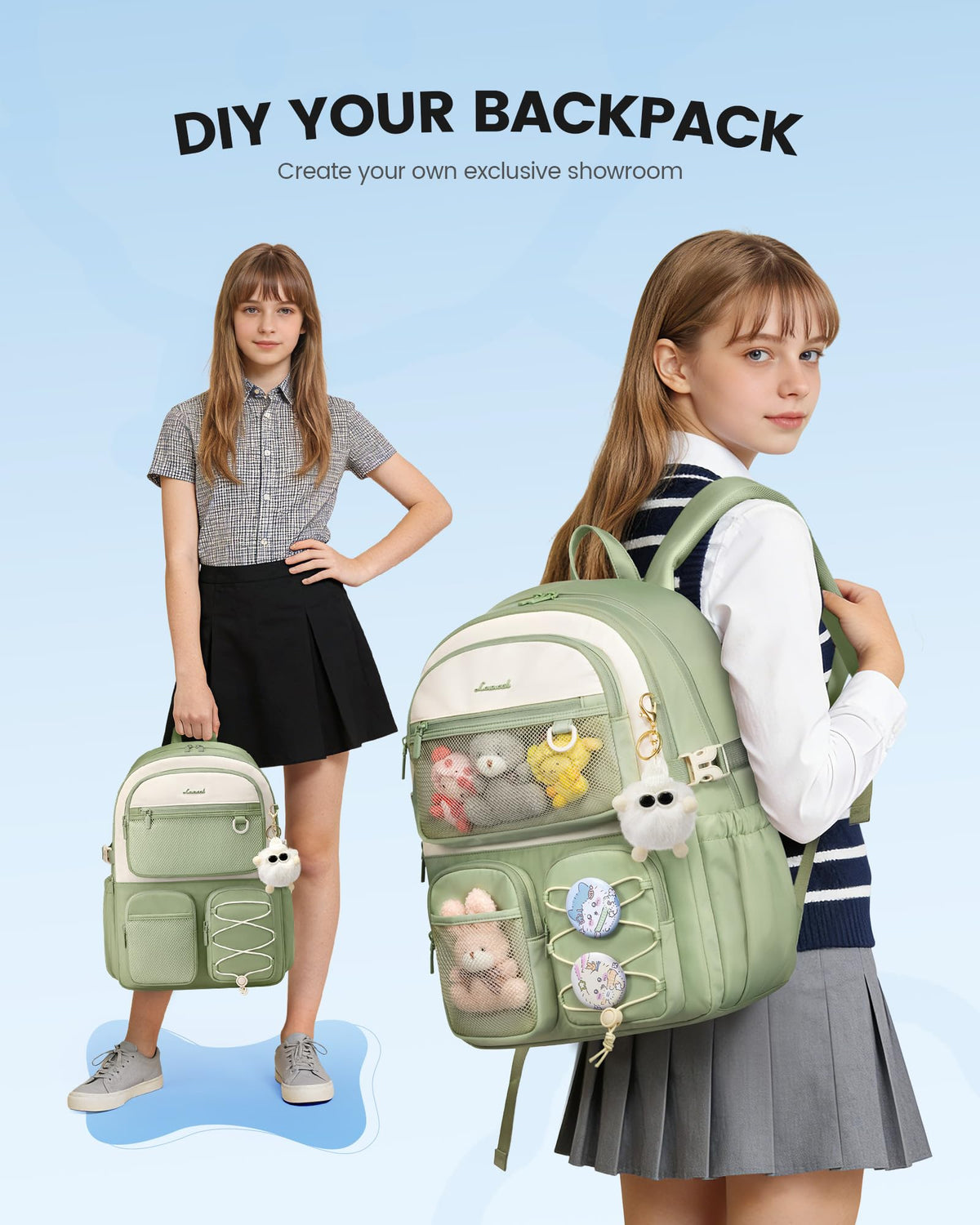 LOVEVOOK School Backpack for Teen Girls, Student Cute Bookbag Purse for Middle High School, 15.6 Inch Laptop Kid Backpack Back to School with Large Cup Holder, College Travel Bag, Beige Blue