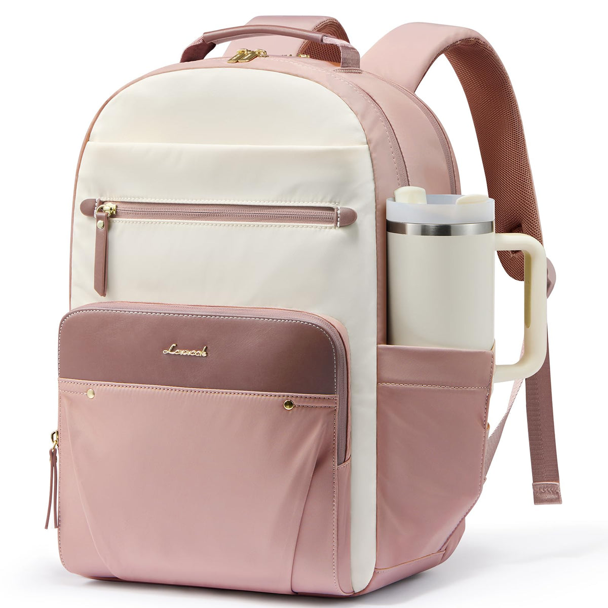 LOVEVOOK Laptop Backpack for Women with Leather Trim & Tumbler Pockets, 15.6" Work Backpack Purse, Travel Personal Item Bag, Carry On Business Computer Bag for Office, School, or Gift, Sage Green