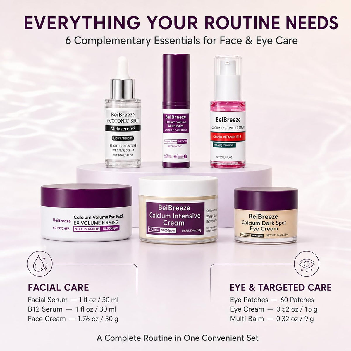 6-Piece Daily Skincare Set, Facial Care Kit with 2 Serums, Face Cream, Eye Cream, Under Eye Patches & Multi Balm Stick, Hydrating Moisturizing Routine