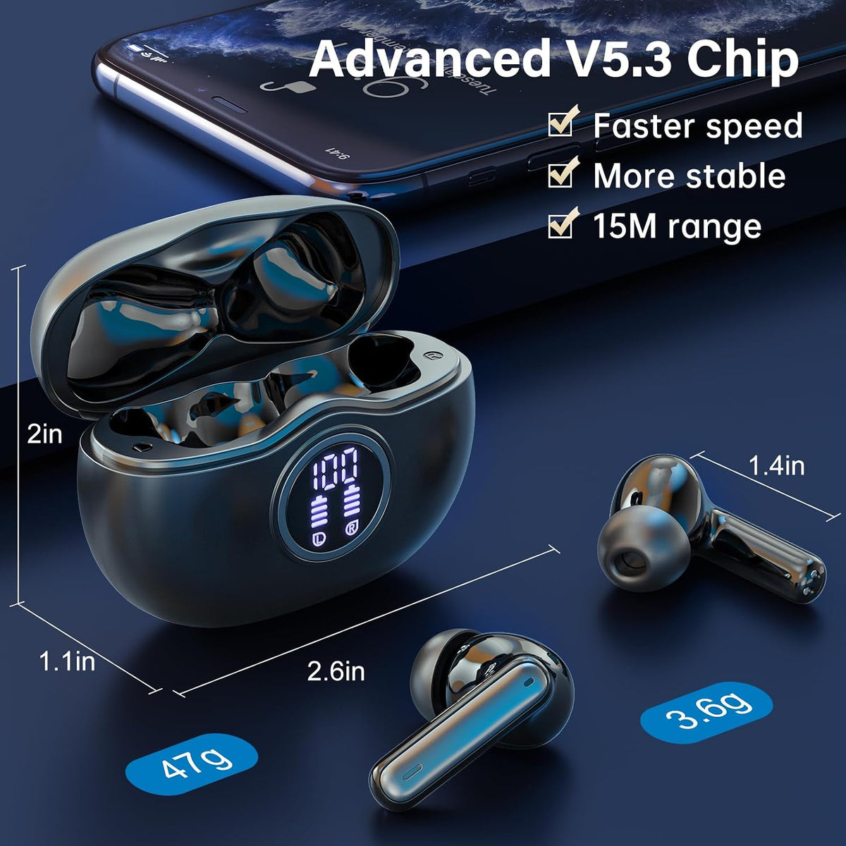Wireless Earbuds, Bluetooth 5.3 Headphones HiFi Stereo 50H Playback LED Digital Display Ear Buds with ENC Noise Canceling Headset, IPX7 Waterproof Earphones for Gym/Running/Work(Black)