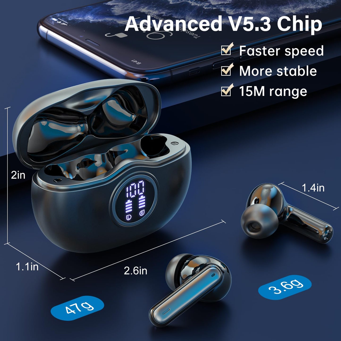 Wireless Earbuds, Bluetooth 5.3 Headphones HiFi Stereo 50H Playback LED Digital Display Ear Buds with ENC Noise Canceling Headset, IPX7 Waterproof Earphones for Gym/Running/Work(Black)