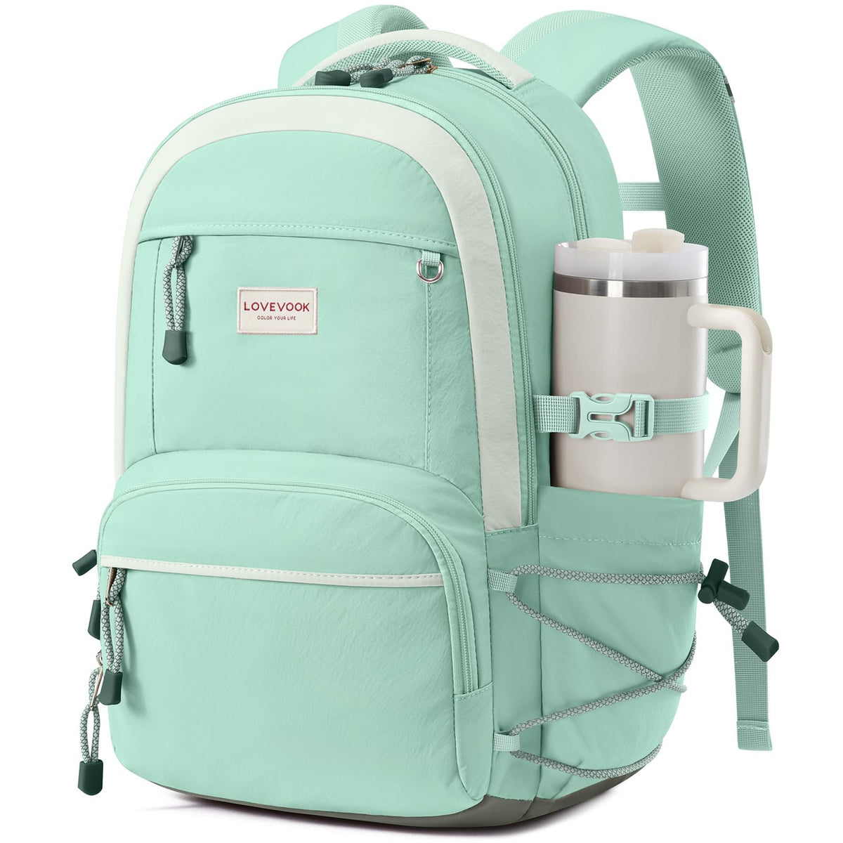 LOVEVOOK School Backpack for Girls, 15.6 Inch laptop Backpacks with Large Capacity Tumbler Holder, Lightweight College bag for women, Cute Travel Teen Bookbag Purse for Students,Off white-Pink