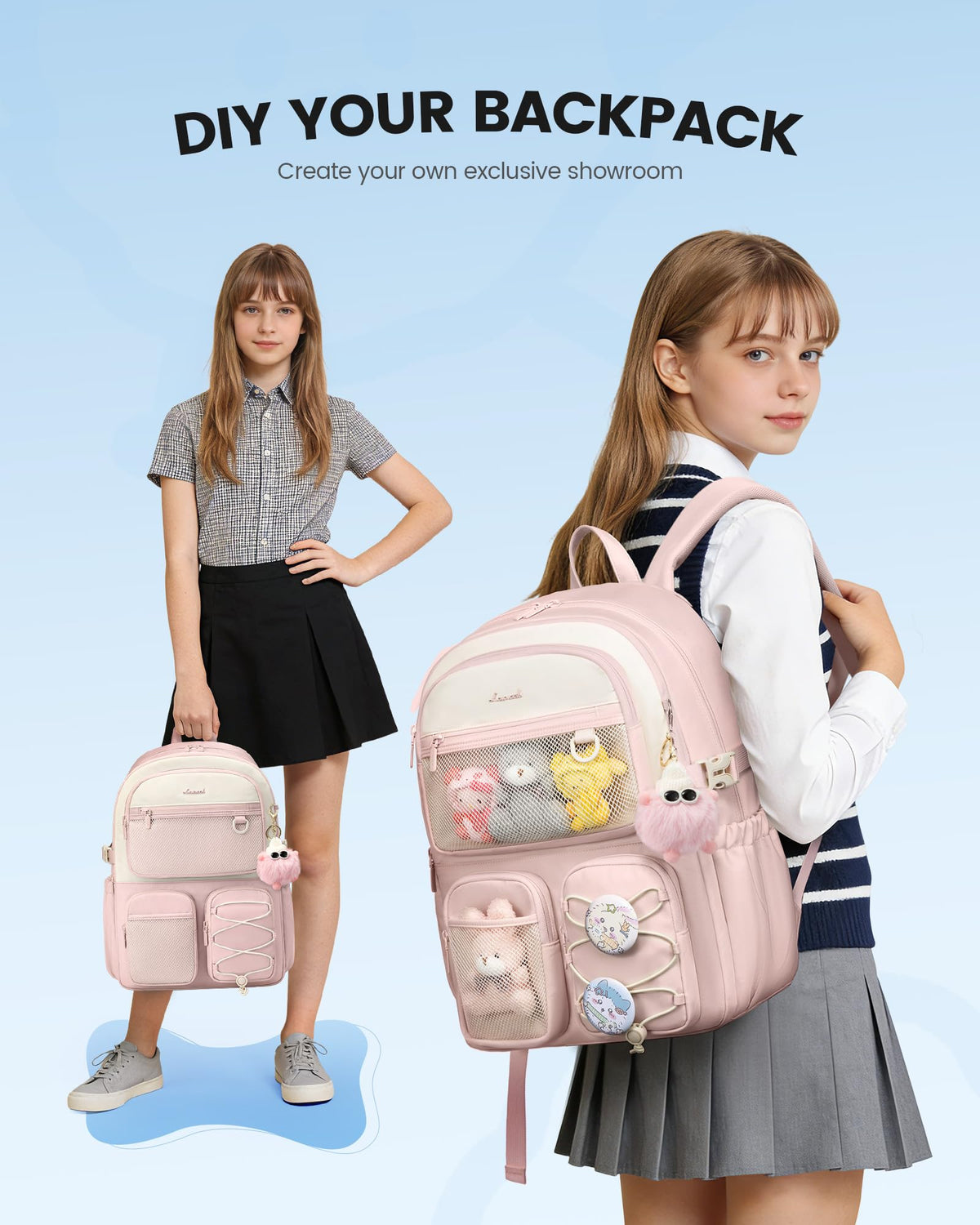 LOVEVOOK School Backpack for Teen Girls, Student Cute Bookbag Purse for Middle High School, 15.6 Inch Laptop Kid Backpack Back to School with Large Cup Holder, College Travel Bag, Beige Blue