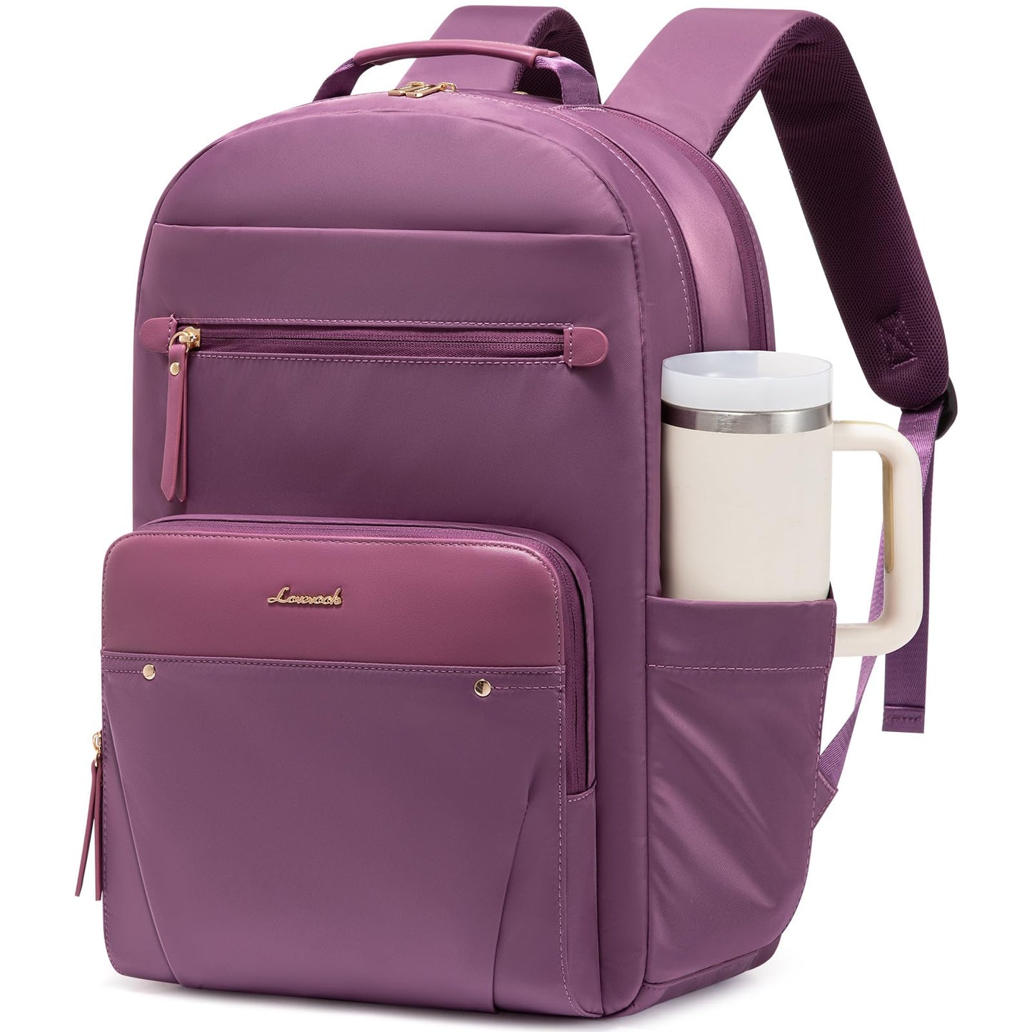 LOVEVOOK Laptop Backpack for Women with Leather Trim & Tumbler Pockets, 15.6" Work Backpack Purse, Travel Personal Item Bag, Carry On Business Computer Bag for Office, School, or Gift, Sage Green