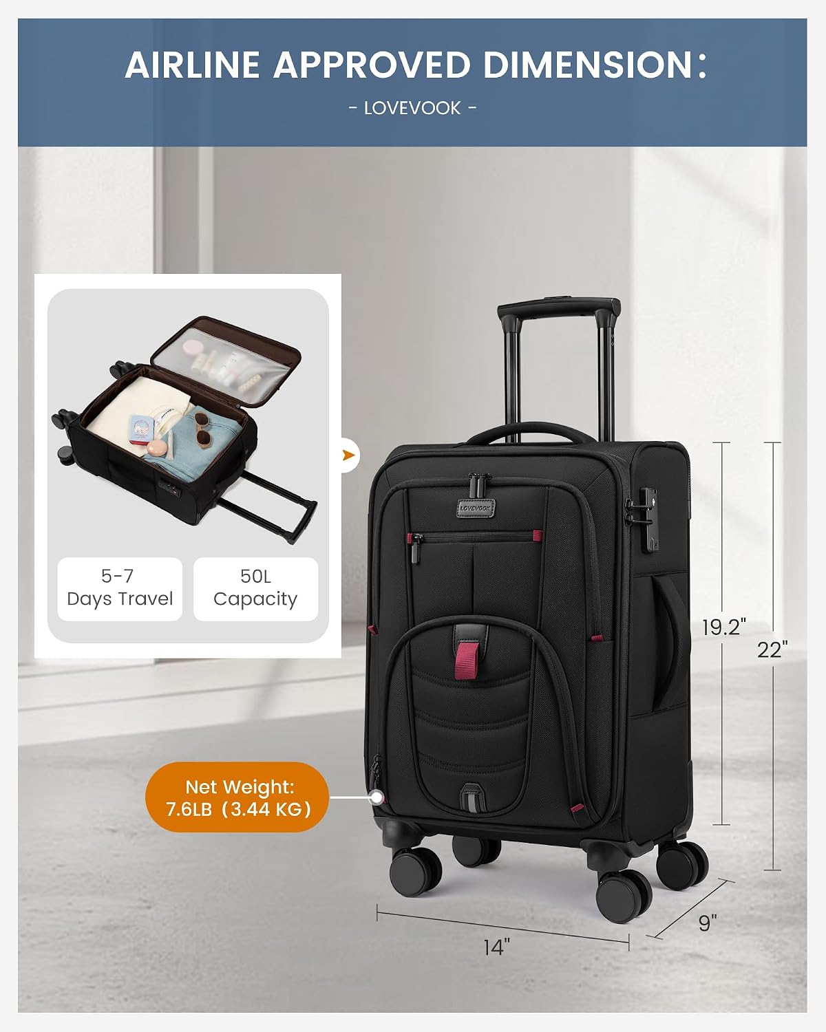Carry On Luggage 22x14x9 Airline Approved with TSA Lock for Business Trip