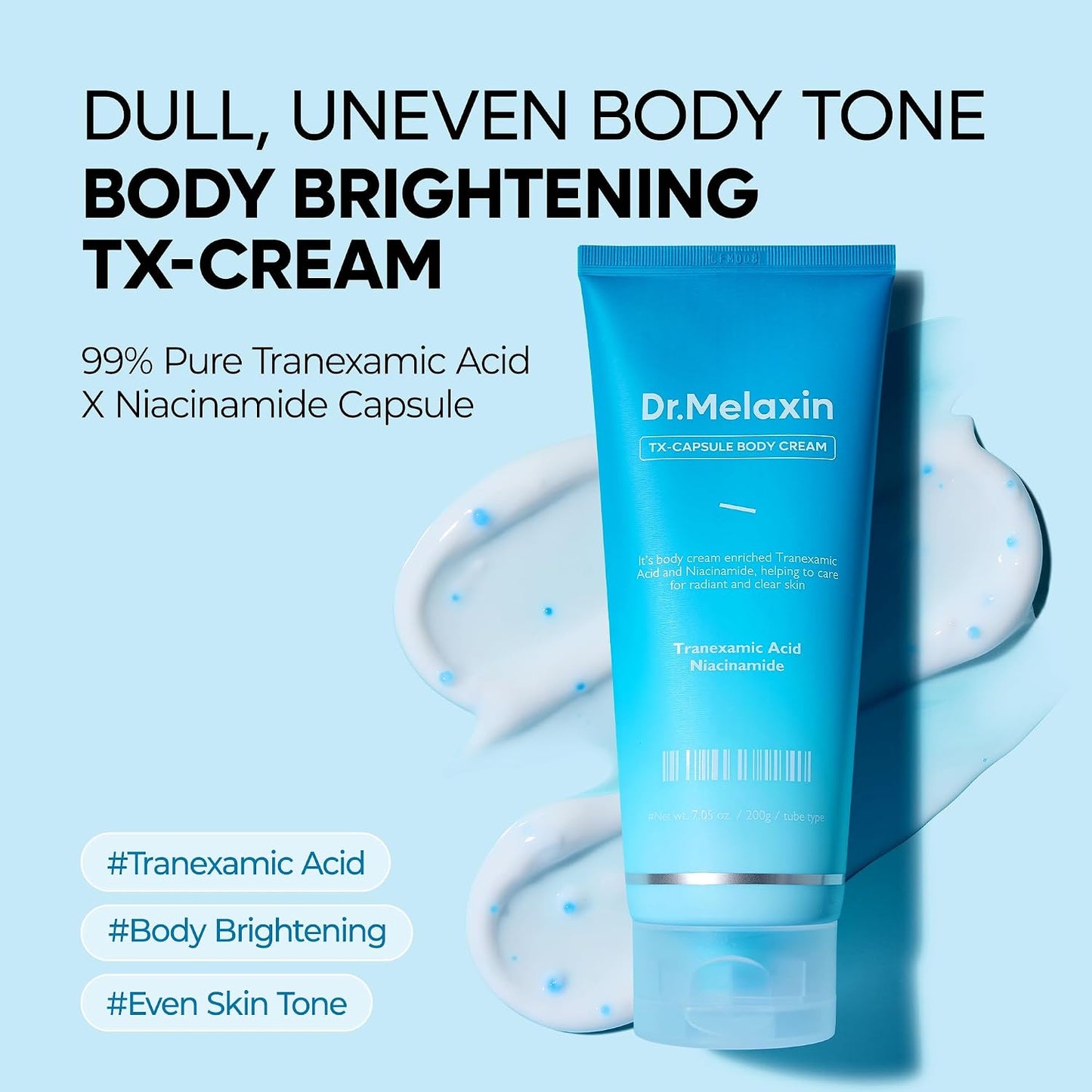 Dr.Melaxin TX Capsule Body Cream – 99% Pure Tranexamic Acid & Niacinamide Capsule for Body Dark Spots, Uneven Skin Tone & Dullness | Soft Burst, Silky Non-Greasy Brightening Body Lotion 200g