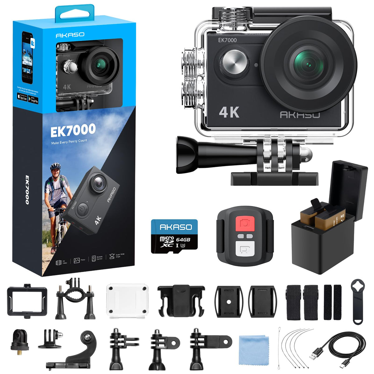 AKASO EK7000 4K30FPS 20MP WiFi Action Camera with EIS Ultra HD 131FT Waterproof Underwater Camera Remote Control 4X Zoom Support External Microphone Blue