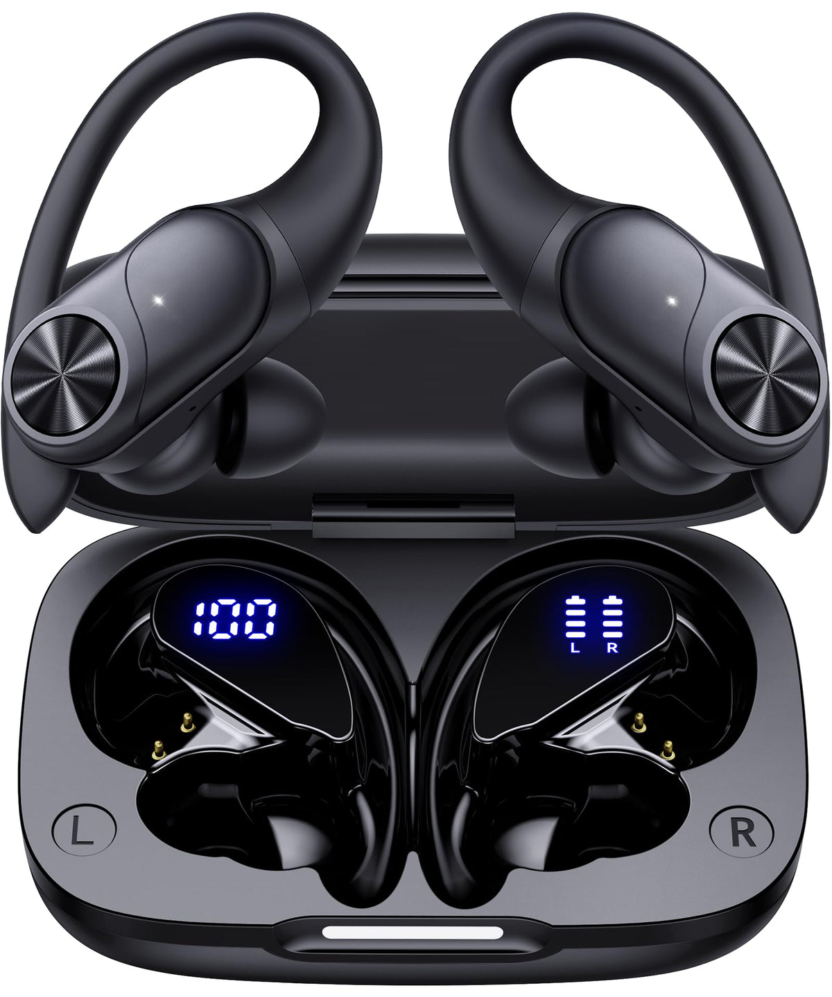 PocBuds Bluetooth Headphones Wireless Earbuds 80hrs Playtime Wireless Charging Case Digital Display Sports Ear Buds with Earhook Deep Bass IPX7 Waterproof Over-Ear Earphones for TV Phone Laptop Olive