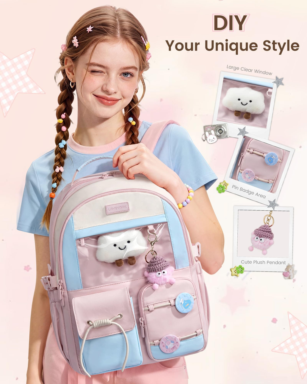 LOVEVOOK School Backpack for Girls Ages 8-16,Cute Student Bookbag for Kids