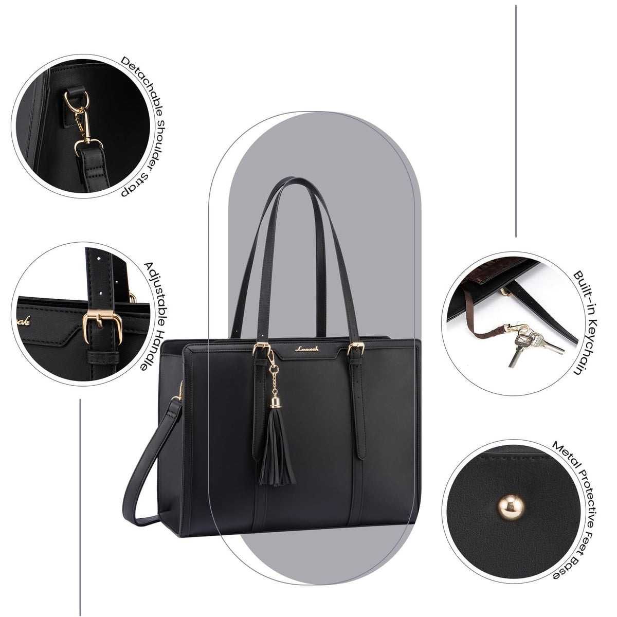 LOVEVOOK Laptop Bag for Women 15.6 inch Lightweight PU Laptop Tote Bag, Large Capacity Computer bag with Clutch Purse for Business, Work, Office, Travel, School,Casual(Black & Leather)
