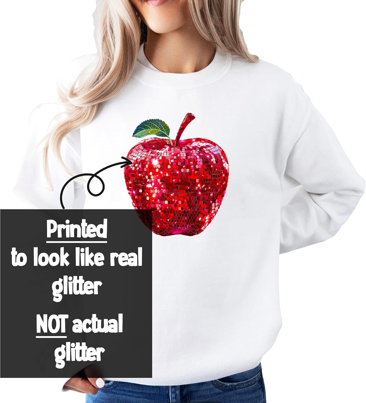 Red Disco Apple Sweatshirt for Women and Teens Faux Glitter Apple Pullover for Teachers and Students