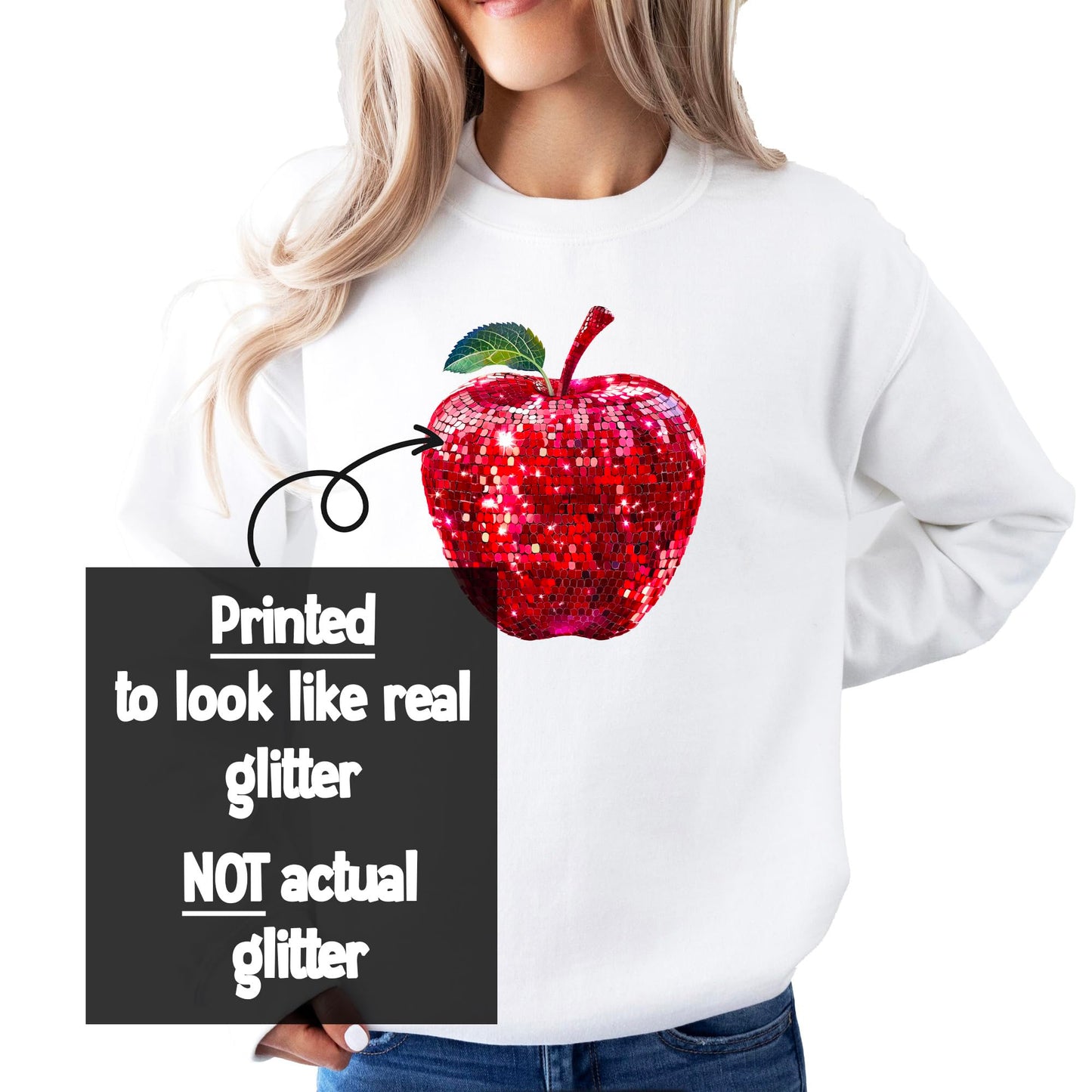 Red Disco Apple Sweatshirt for Women and Teens Faux Glitter Apple Pullover for Teachers and Students