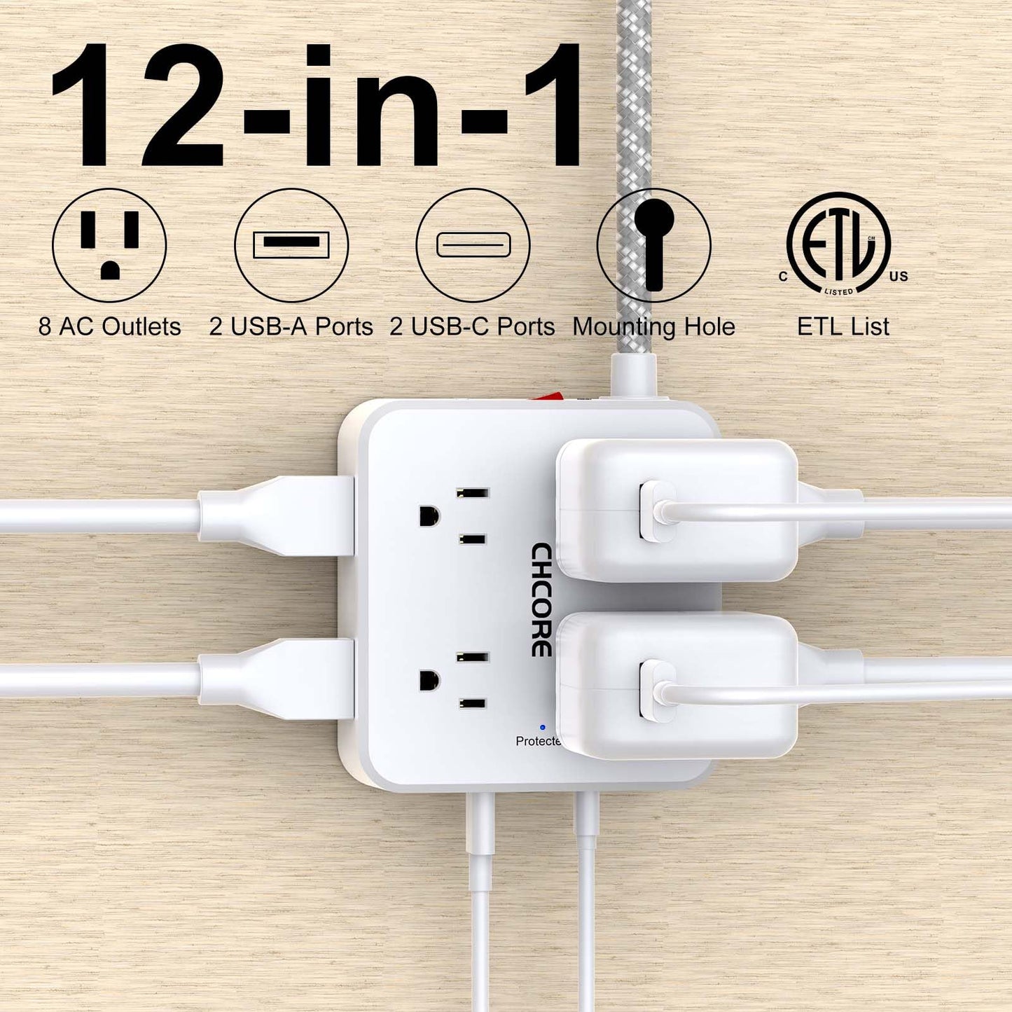 Surge Protector Power Strip - CHCORE 6Ft Braided Extension Cord with 8 Outlets with 4 USB (2 USB C) Charging Ports, Flat Plug Multi Plug Outlet Extender Charging Station for Home Office, ETL, White