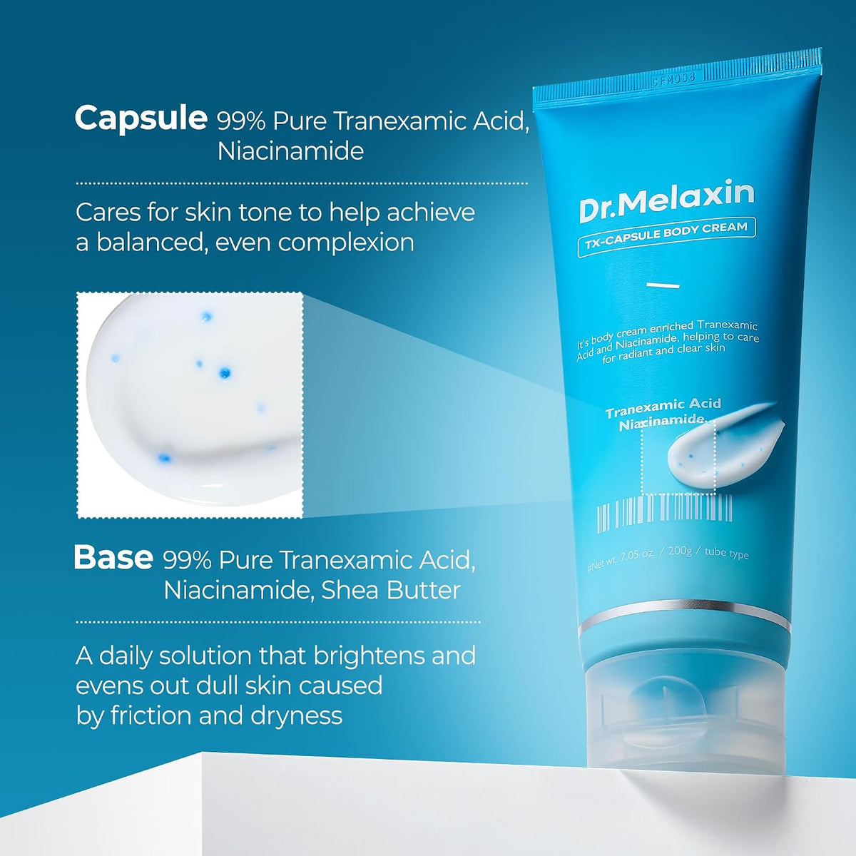 Dr.Melaxin TX Capsule Body Cream – 99% Pure Tranexamic Acid & Niacinamide Capsule for Body Dark Spots, Uneven Skin Tone & Dullness | Soft Burst, Silky Non-Greasy Brightening Body Lotion 200g