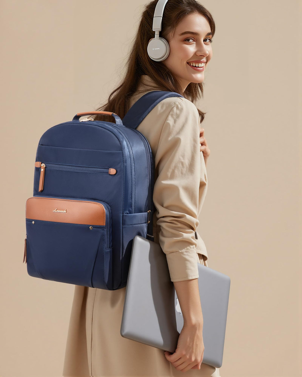 LOVEVOOK Laptop Backpack for Women with Leather Trim & Tumbler Pockets, 15.6" Work Backpack Purse, Travel Personal Item Bag, Carry On Business Computer Bag for Office, School, or Gift, Sage Green