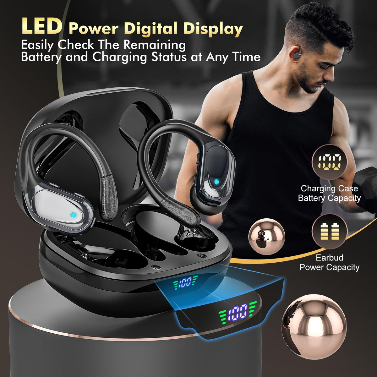 HAOYUYAN Wireless Earbuds, Sports Bluetooth Headphones, 80Hrs Playtime Ear Buds with LED Power Display, Noise Canceling Headset, IPX7 Waterproof Earphones for Workout/Running（Light Green）