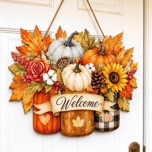 Fall Door Decor Wooden Pumpkin Door Hanger, Welcome Sign for Front Door