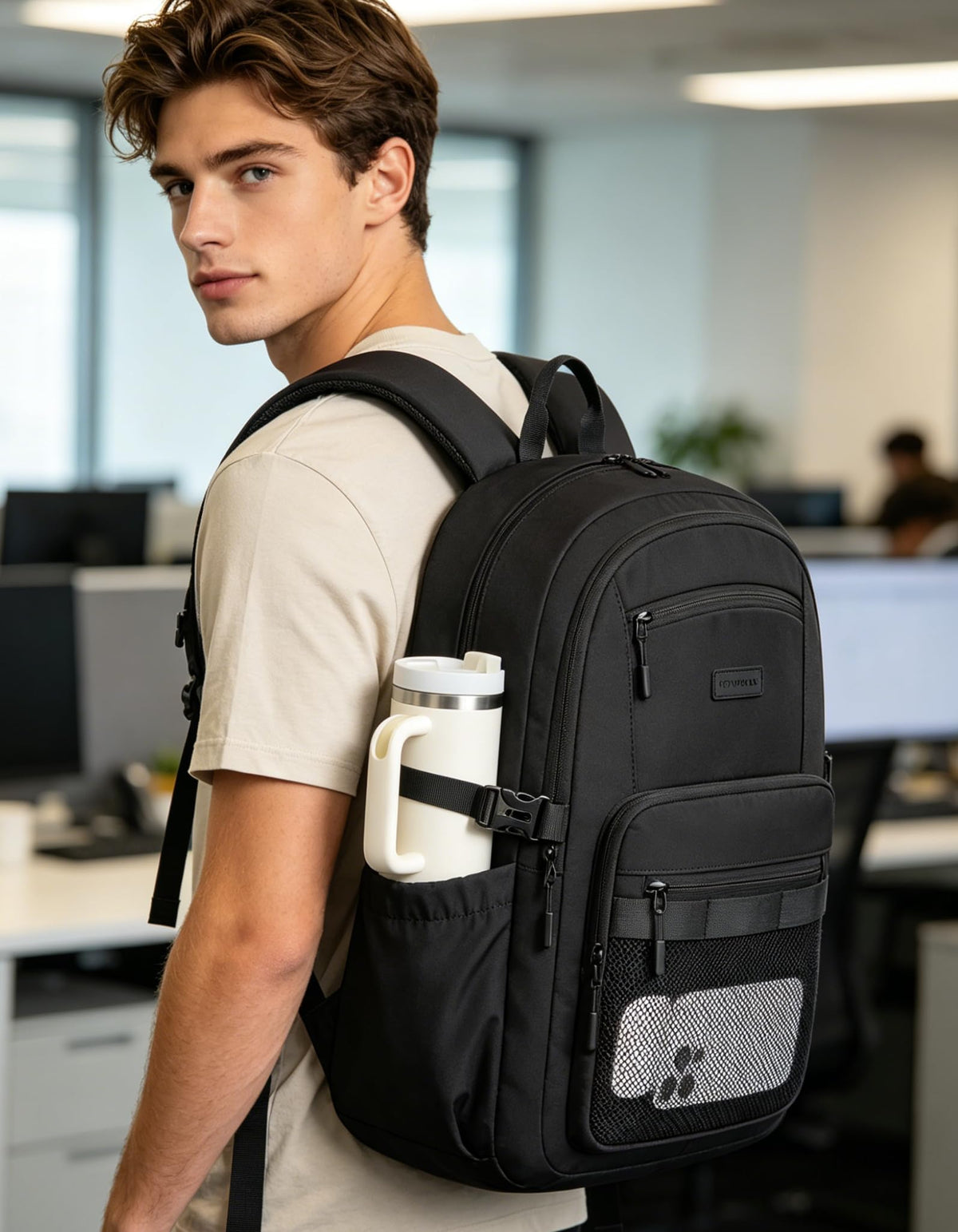 LOVEVOOK Laptop Backpack Women/Men with 40oz Cup Holder Buckle Strap, 15.6 Inch Tech-Ready Work Backpack, TSA-compliant for Travel & College with Versatile Mesh Pocket, Black