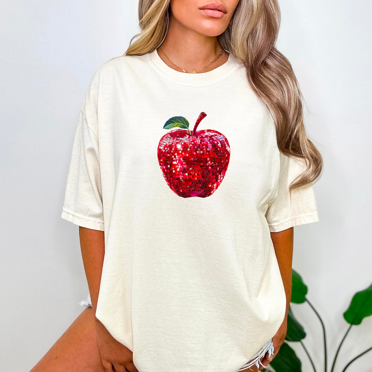 Red Disco Apple Shirt for Women & Teens Faux Glitter Apple Tee for Teachers and Students