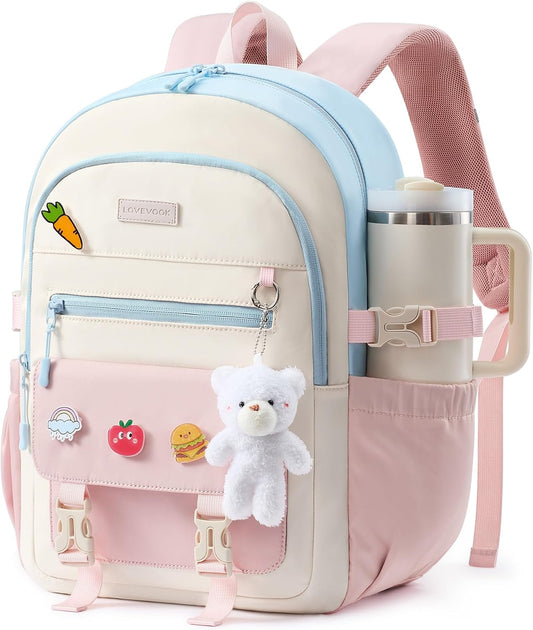 LOVEVOOK School Backpack for Teen Girls, Cute Student Bookbag Fits 15.6 Inch Laptop, Back to School Backpacks for 8-18 Teenager Kid, Large College Travel Back Pack with Water Bottle Holder Pink
