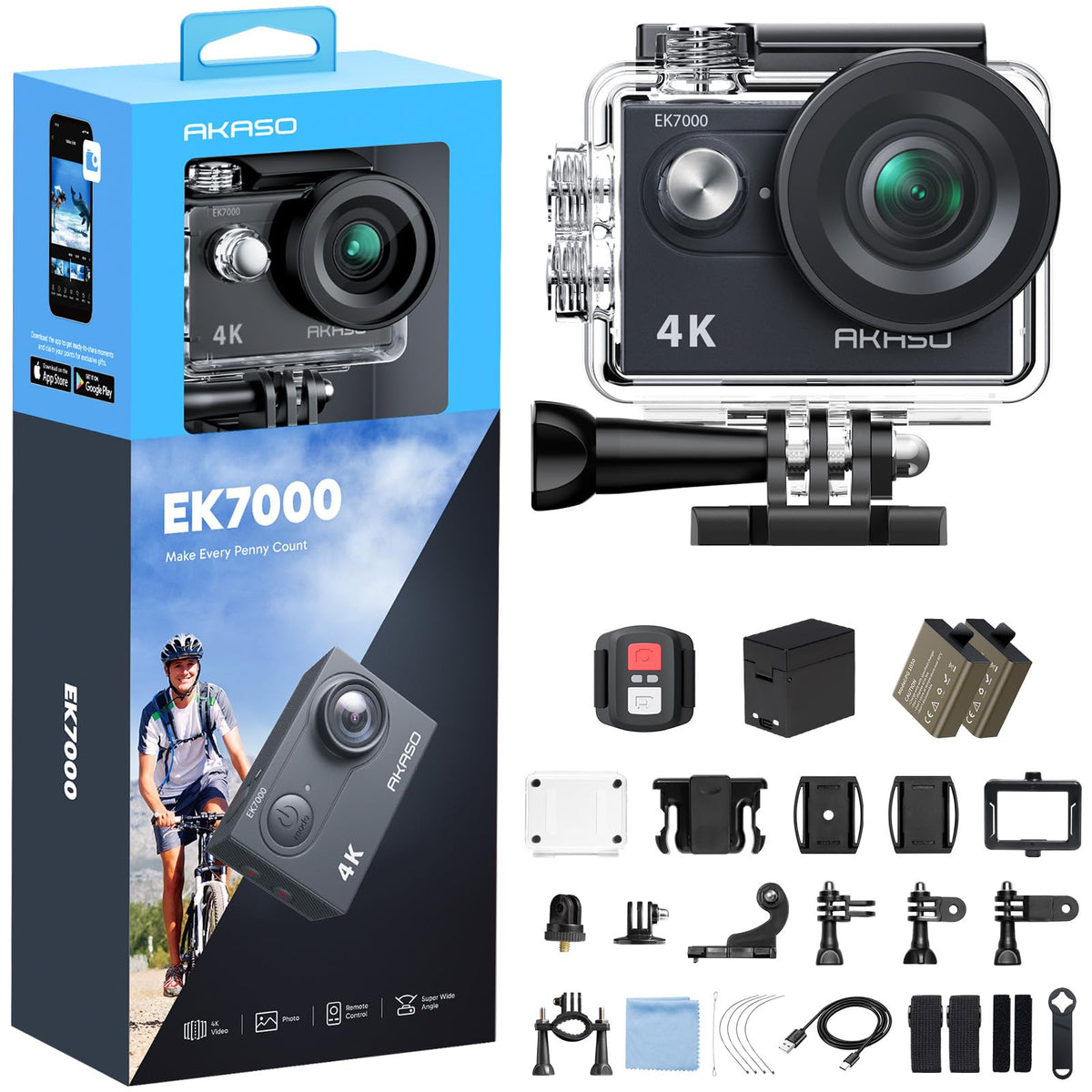 AKASO EK7000 4K30FPS 20MP WiFi Action Camera with EIS Ultra HD 131FT Waterproof Underwater Camera Remote Control 4X Zoom Support External Microphone Blue