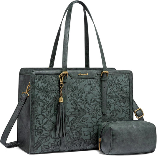 LOVEVOOK Laptop Bag for Women Vintage Leather Laptop Tote 15.6 inch Large Capacity Computer bag with Clutch Purse for Work