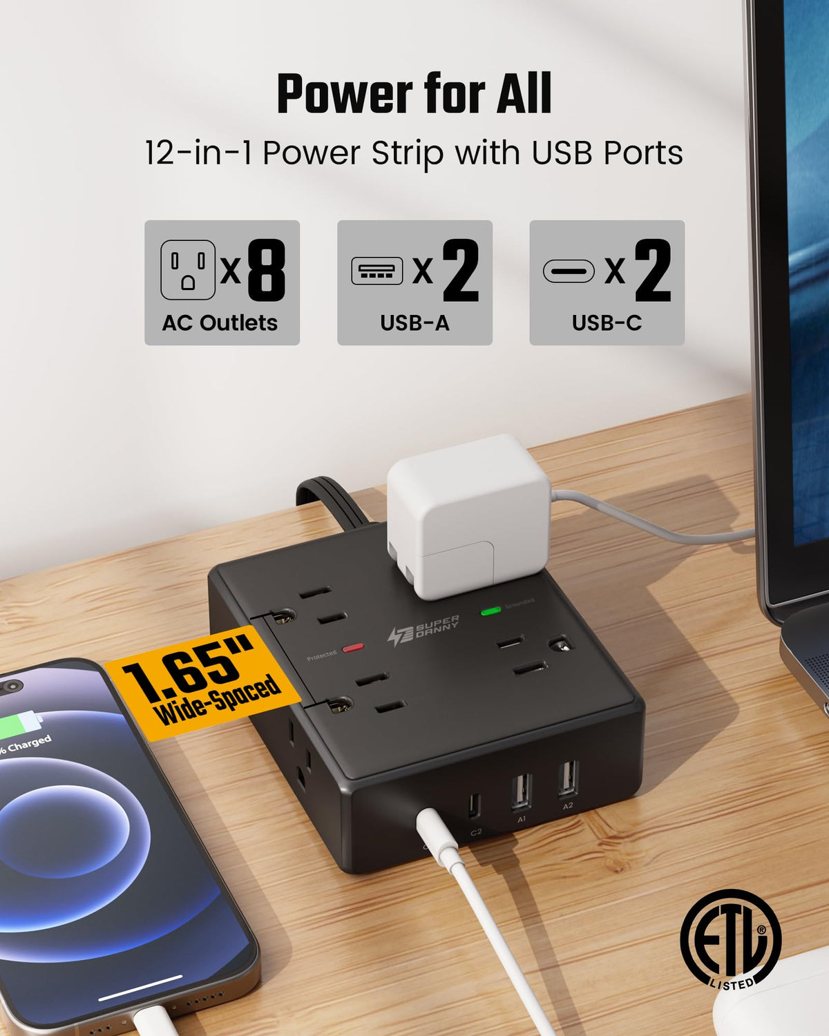 SUPERDANNY Extension Cord,Flat Plug Surge Protector Power Strip,10Ft