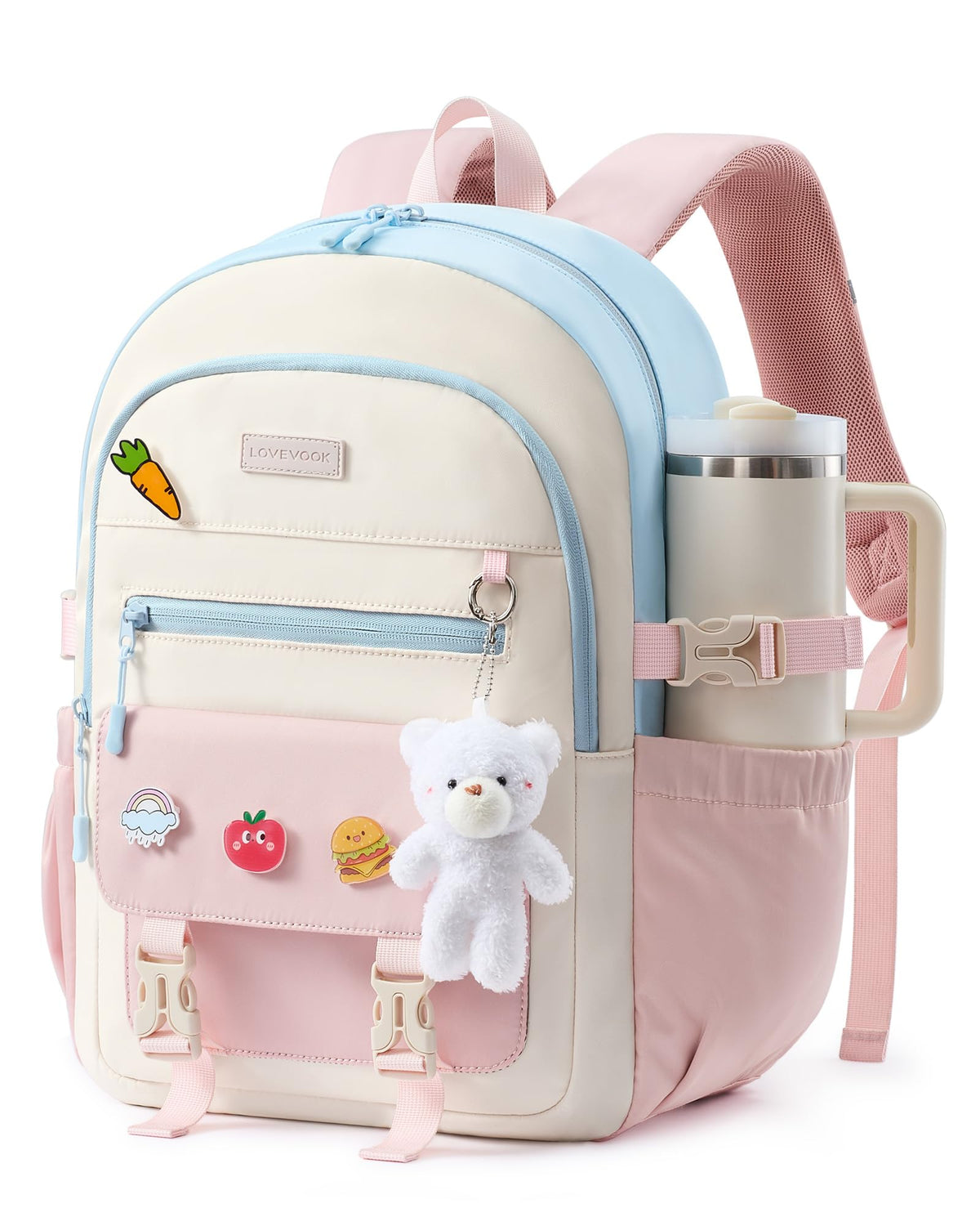 LOVEVOOK School Backpack for Teen Girls, Cute Student Bookbag Fits 15.6 Inch Laptop, Back to School Backpacks for 8-18 Teenager Kid, Large College Travel Back Pack with Water Bottle Holder Pink