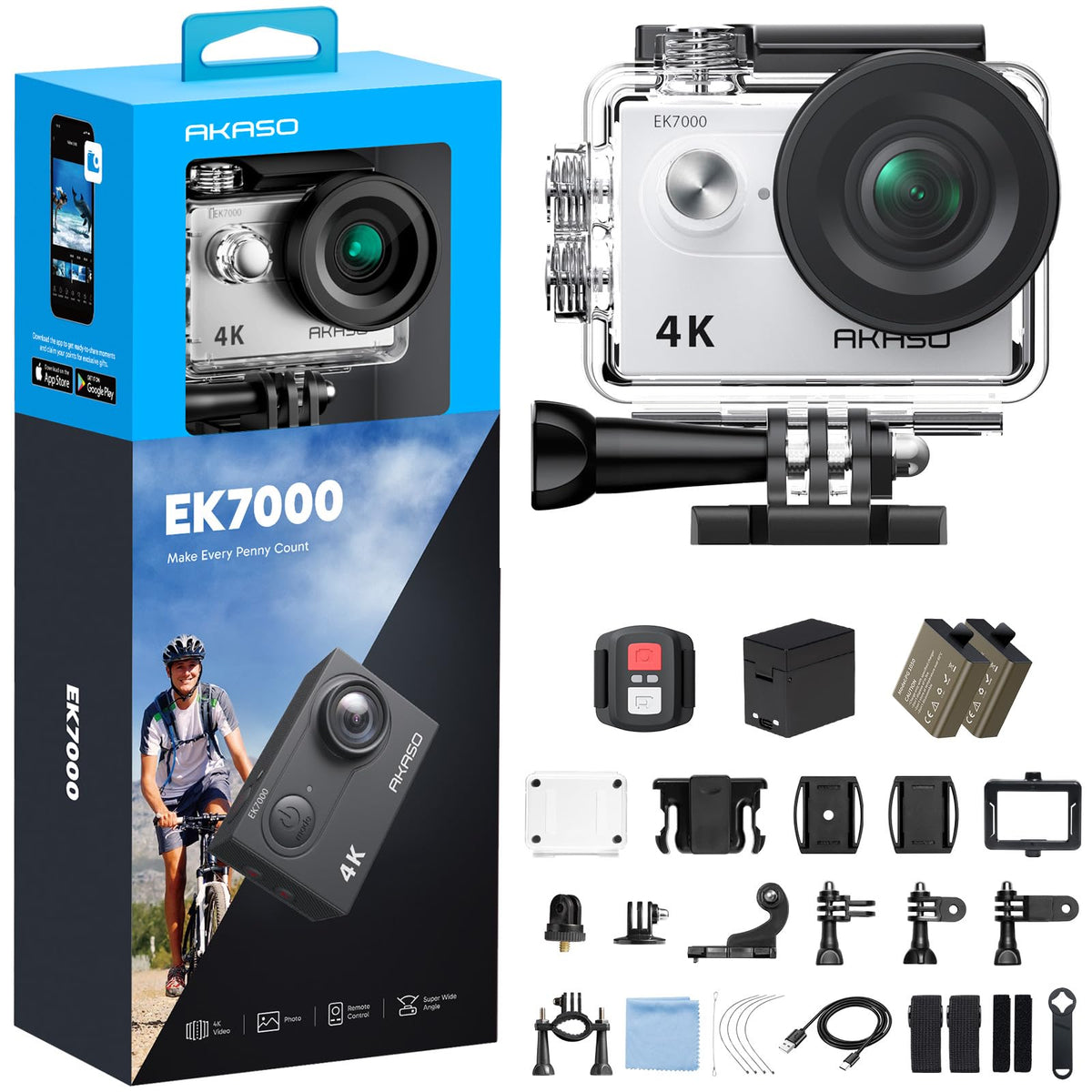 AKASO EK7000 4K30FPS 20MP WiFi Action Camera with EIS Ultra HD 131FT Waterproof Underwater Camera Remote Control 4X Zoom Support External Microphone Blue