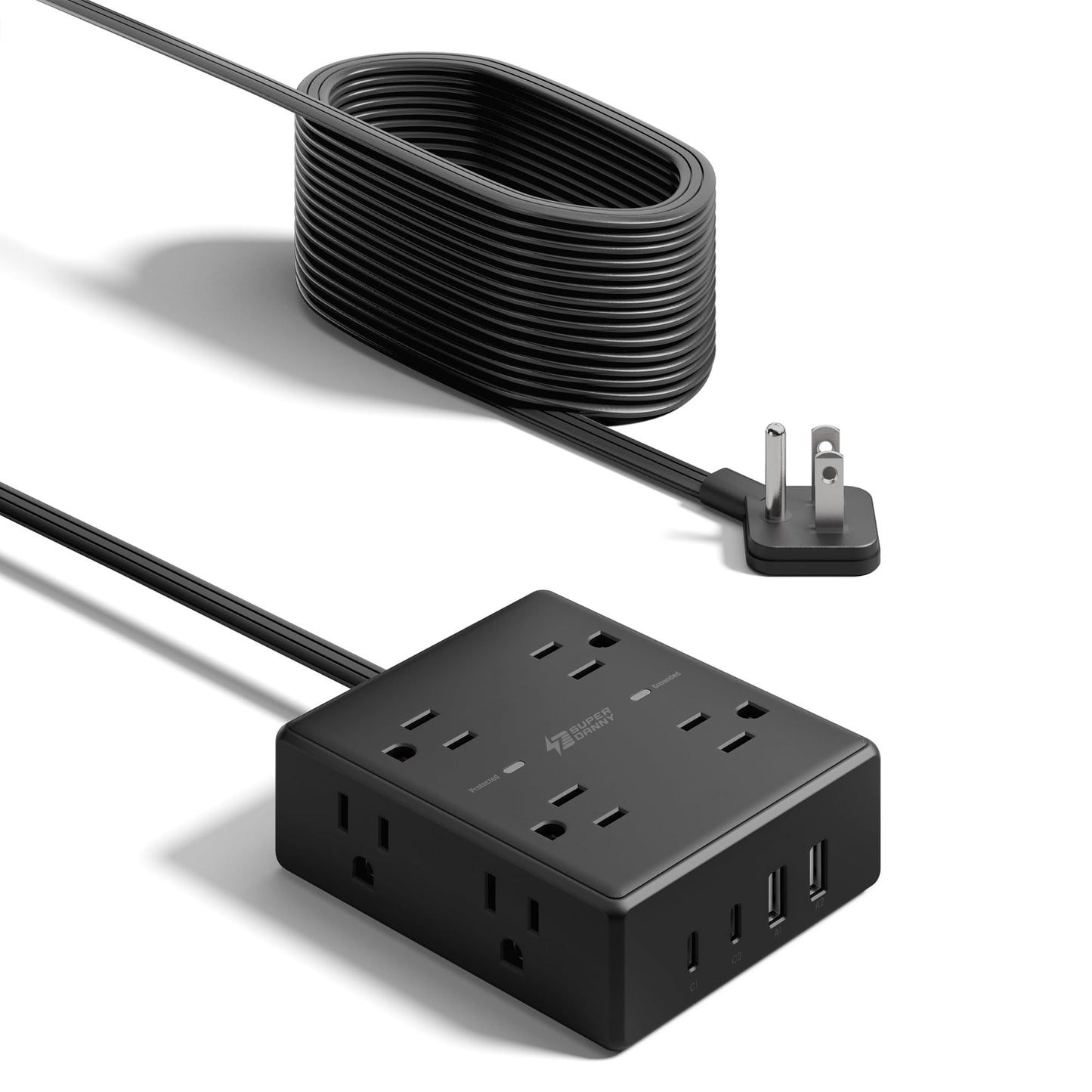 SUPERDANNY Extension Cord,Flat Plug Surge Protector Power Strip,10Ft