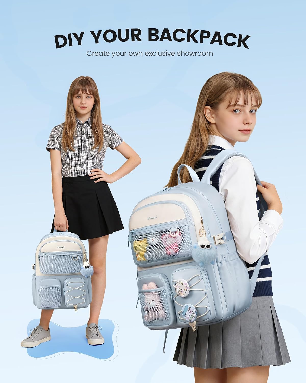 LOVEVOOK School Backpack for Teen Girls, Student Cute Bookbag Purse for Middle High School, 15.6 Inch Laptop Kid Backpack Back to School with Large Cup Holder, College Travel Bag, Beige Blue