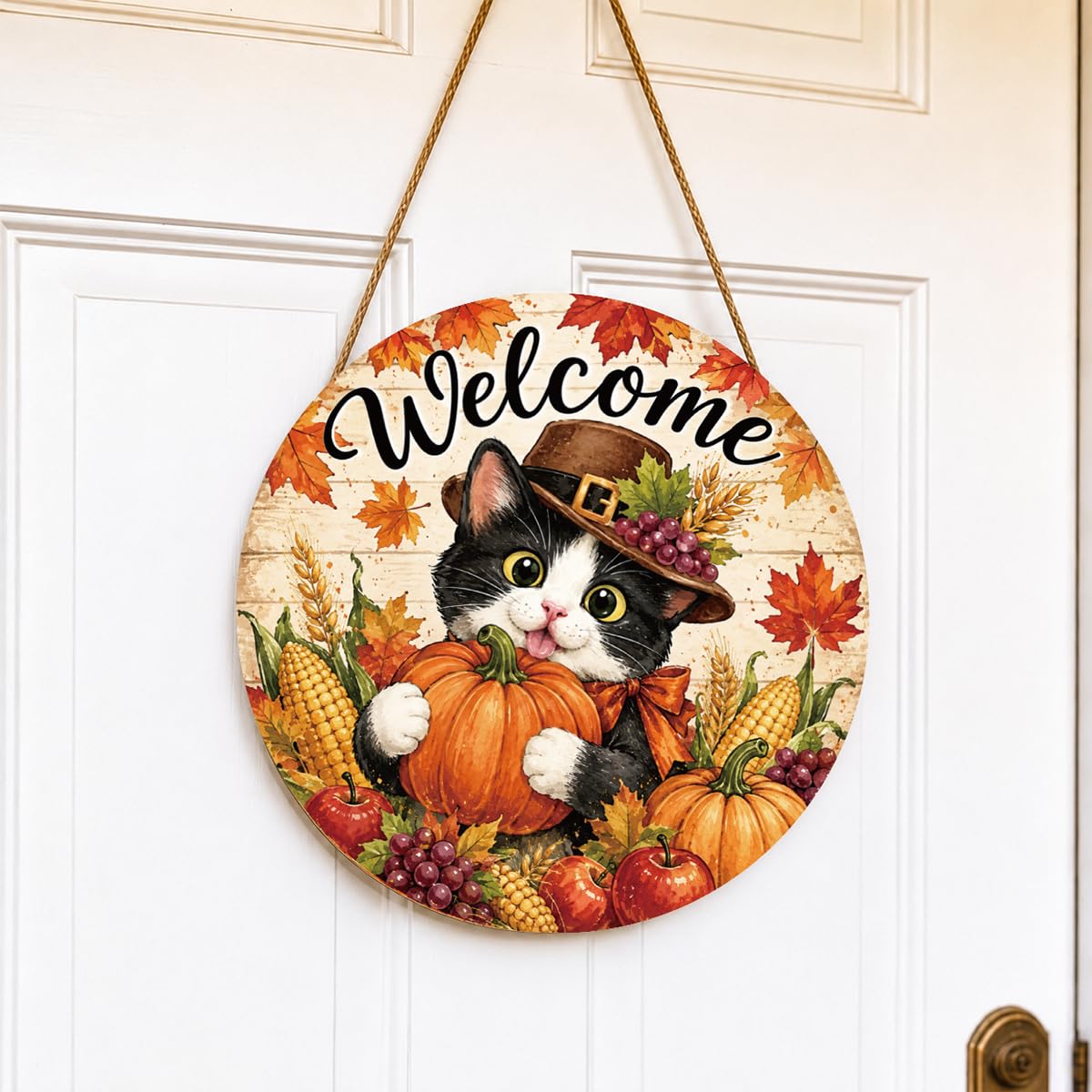 Fall Door Decor Wooden Pumpkin Door Hanger, Welcome Sign for Front Door