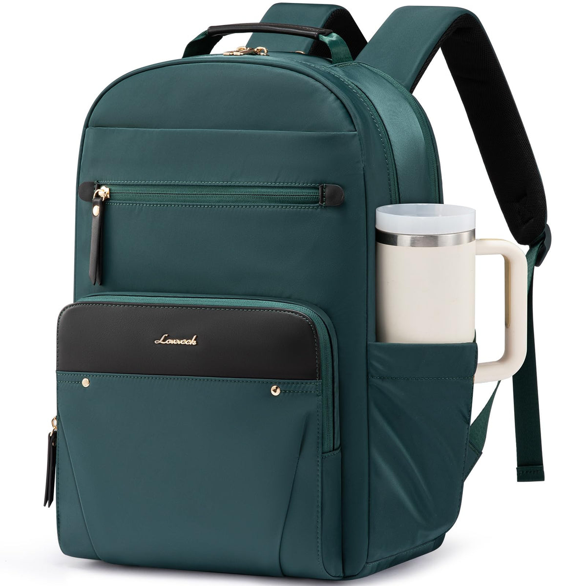 LOVEVOOK Laptop Backpack for Women with Leather Trim & Tumbler Pockets, 15.6" Work Backpack Purse, Travel Personal Item Bag, Carry On Business Computer Bag for Office, School, or Gift, Sage Green