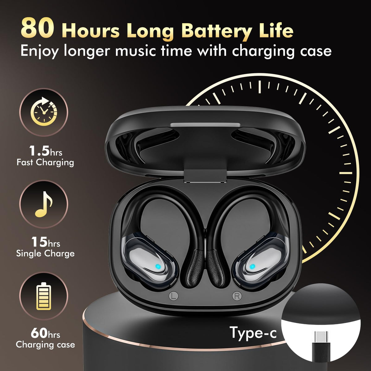 HAOYUYAN Wireless Earbuds, Sports Bluetooth Headphones, 80Hrs Playtime Ear Buds with LED Power Display, Noise Canceling Headset, IPX7 Waterproof Earphones for Workout/Running（Light Green）