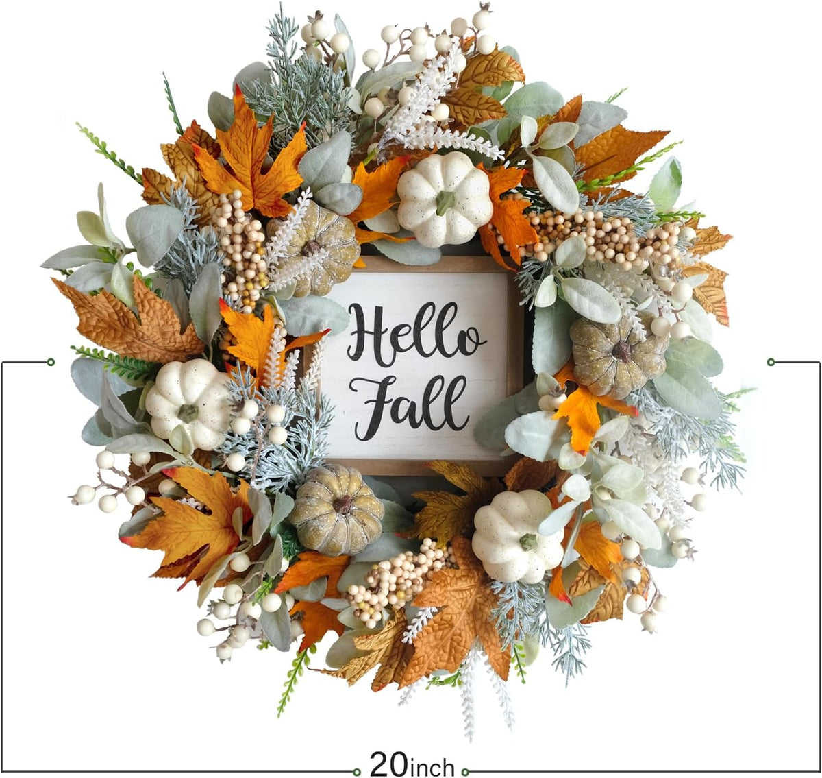 20" Harvest Fall Wreath for Front Door,Pumpkins Berries Autumn Wreaths