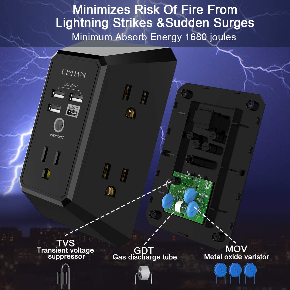 Wall Charger, Surge Protector, QINLIANF 5 Outlet Extender with 4 USB Ports