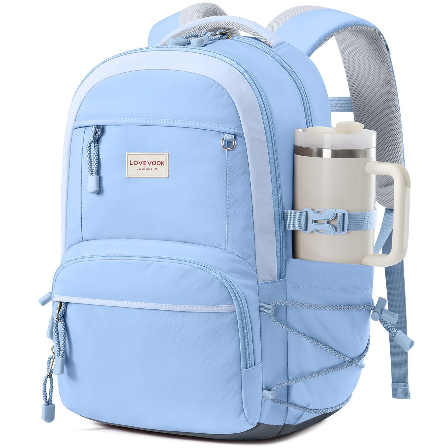 LOVEVOOK School Backpack for Girls, 15.6 Inch laptop Backpacks with Large Capacity Tumbler Holder, Lightweight College bag for women, Cute Travel Teen Bookbag Purse for Students,Off white-Pink
