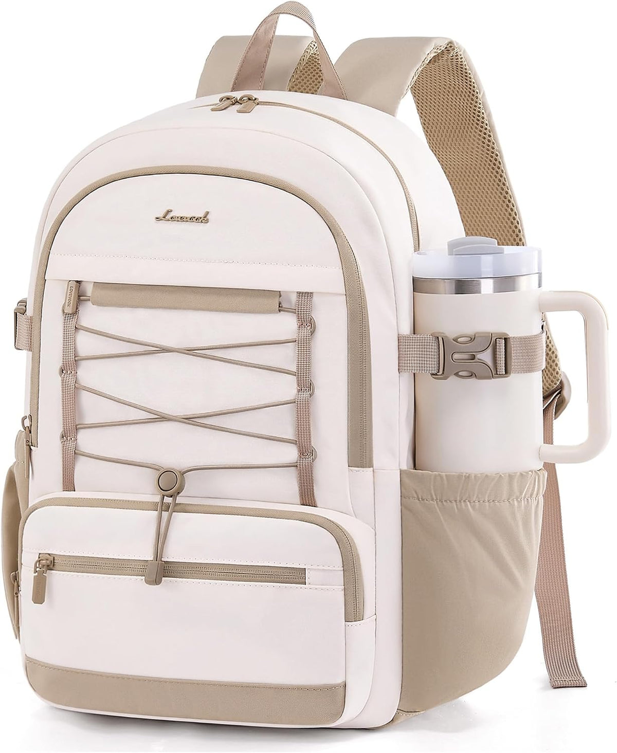 LOVEVOOK School Backpack for Teen Girls, Large Capacity College Bookbag with Water Bottle Holder, Cute Laptop Backpack Purse for Women, Lightweight Casual Travel Backpack, Gift for Her, Beige-Khaki