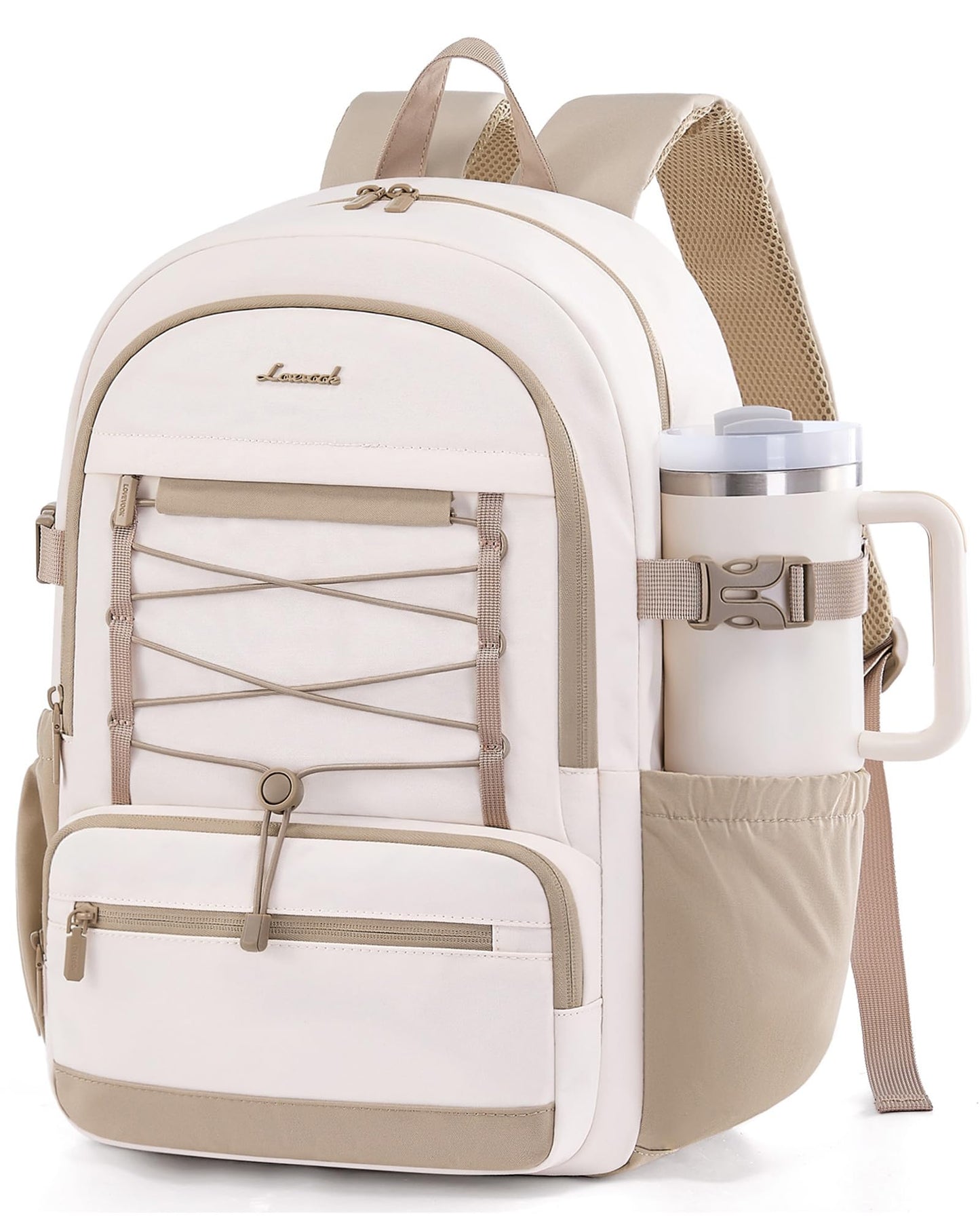 LOVEVOOK School Backpack for Teen Girls, Large Capacity College Bookbag with Water Bottle Holder, Cute Laptop Backpack Purse for Women, Lightweight Casual Travel Backpack, Gift for Her, Beige-Khaki